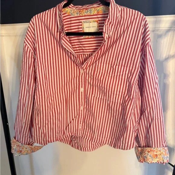 American Eagle 100% cotton Striped Cropped Button-Up Women's Top - Picture 2 of 5